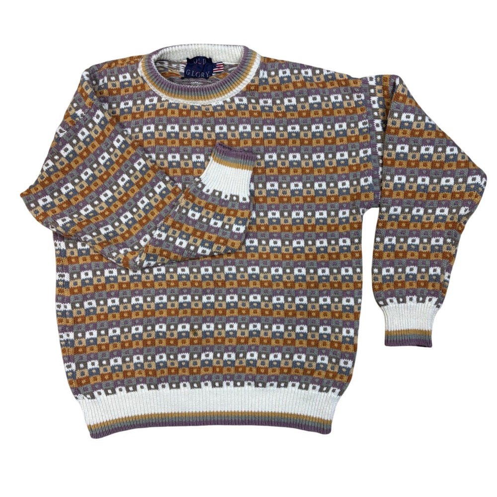 VTG Old‎ Glory Geometric Sweater Mens Cotton Made USA Crew Neck Long Sleeve